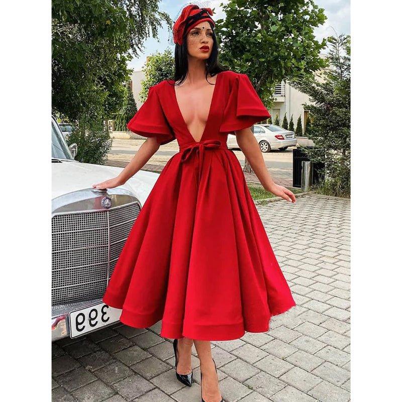 Attractive Deep V-neck Red Vintage Formal Dress with Sleeves