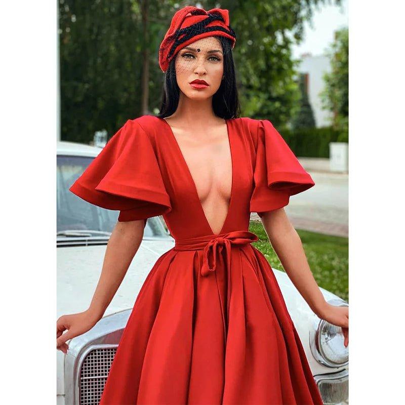 Attractive Deep V-neck Red Vintage Formal Dress with Sleeves