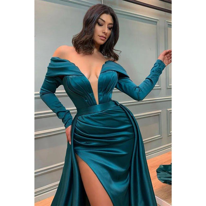 Attractive Deep V Neck Satin Pleats Long Sleeves Mermaid Prom Formal Dress with Slit