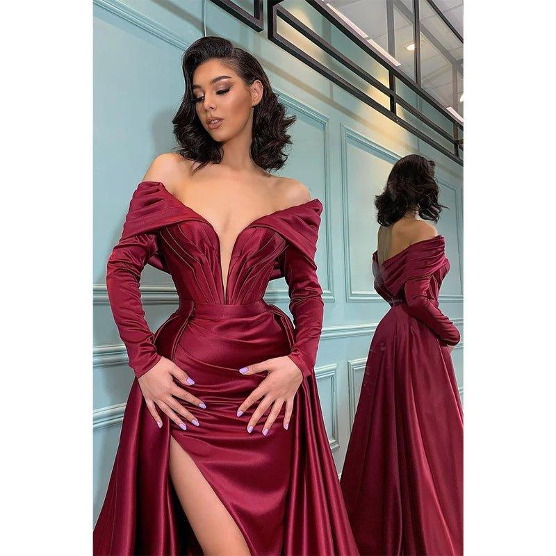 Attractive Deep V Neck Satin Pleats Long Sleeves Mermaid Prom Formal Dress with Slit