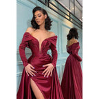 Attractive Deep V Neck Satin Pleats Long Sleeves Mermaid Prom Formal Dress with Slit