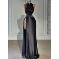 Attractive High Neck Beads Pleats Long Prom Dress with Slit Evening Gowns