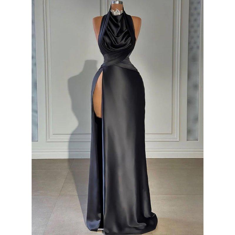 Attractive High Neck Beads Pleats Long Prom Dress with Slit Evening Gowns