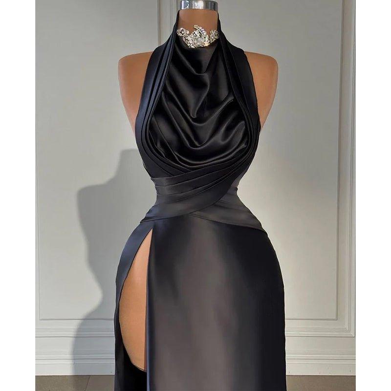 Attractive High Neck Beads Pleats Long Prom Dress with Slit Evening Gowns