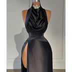 Attractive High Neck Beads Pleats Long Prom Dress with Slit Evening Gowns