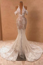 Attractive Long Ivory Halter Off-the-shoulder Mermaid Split Front Prom Dress with Lace
