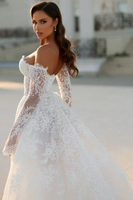 Attractive Long  A-line Off-the-shoulder Lace Wedding Dress with Long Sleeves