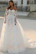 Attractive Long  A-line Off-the-shoulder Lace Wedding Dress with Long Sleeves