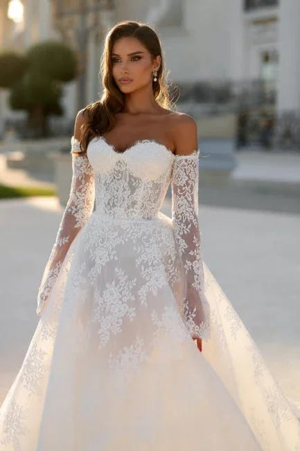Attractive Long  A-line Off-the-shoulder Lace Wedding Dress with Long Sleeves