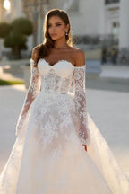 Attractive Long  A-line Off-the-shoulder Lace Wedding Dress with Long Sleeves