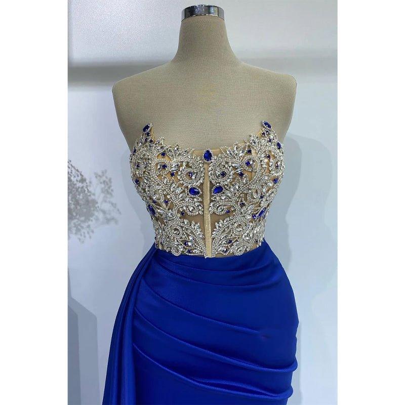 Attractive Sheath/column Strapless Beaded Blue Prom Evening Gowns