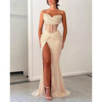 Attractive Strapless Beaded Embroidery Champagne Prom Dress Evening Dress