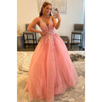 Attractive V-neck 3d Appliques Pink Cute Prom Dress Long