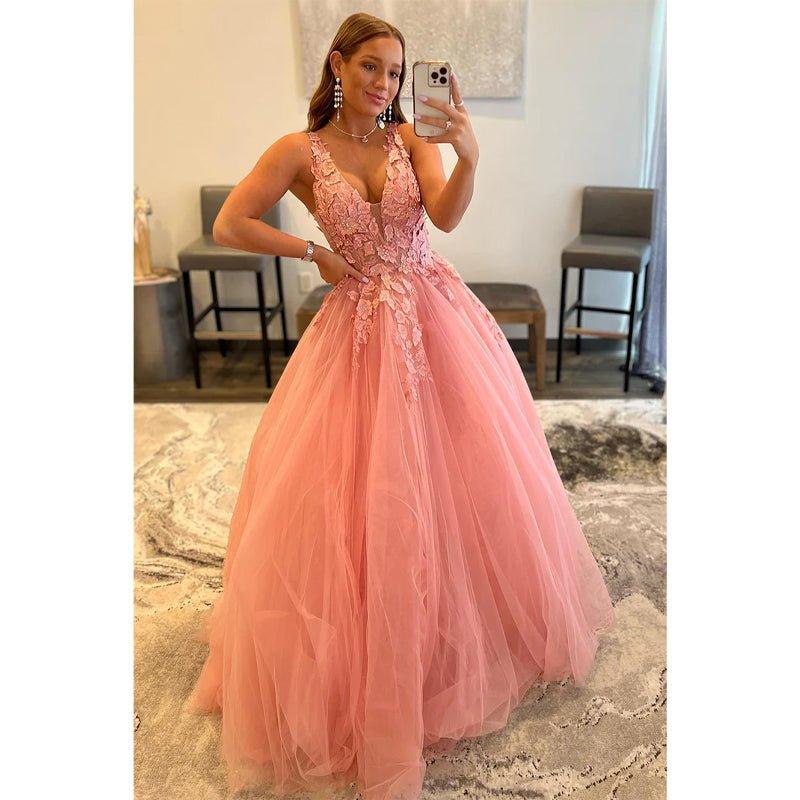 Attractive V-neck 3d Appliques Pink Cute Prom Dress Long