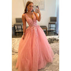Attractive V-neck 3d Appliques Pink Cute Prom Dress Long