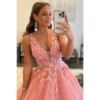 Attractive V-neck 3d Appliques Pink Cute Prom Dress Long