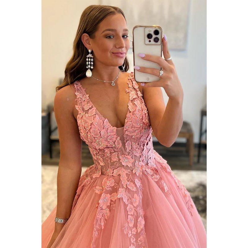 Attractive V-neck 3d Appliques Pink Cute Prom Dress Long