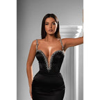 Attractive V-Neck Beads Sparkly Satin Sheath Long Evenging Dress