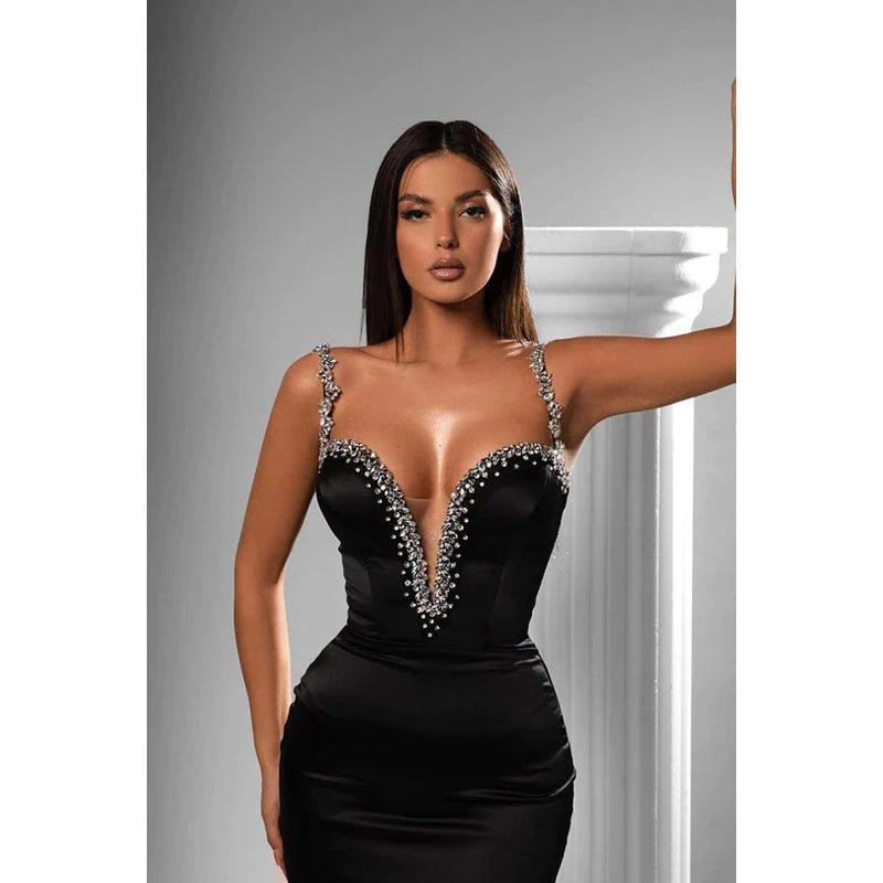 Attractive V-Neck Beads Sparkly Satin Sheath Long Evenging Dress