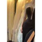Attractive V Neck Black Velvet Long Formal Party Dress with Slit