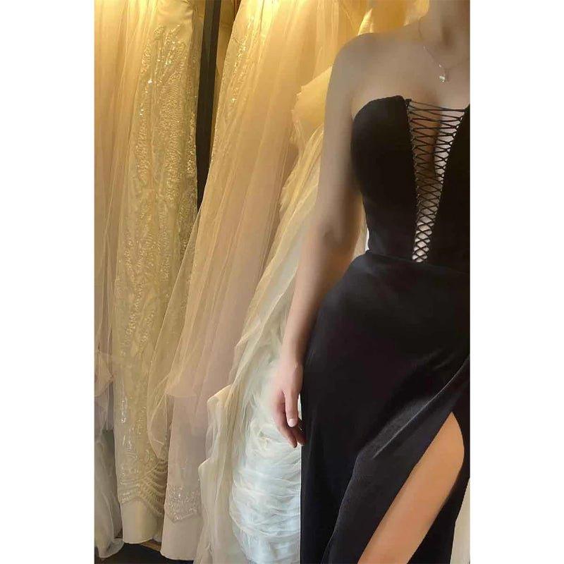 Attractive V Neck Black Velvet Long Formal Party Dress with Slit