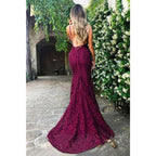 Attractive V-neck Burgundy Lace Mermaid Prom Dress Backless