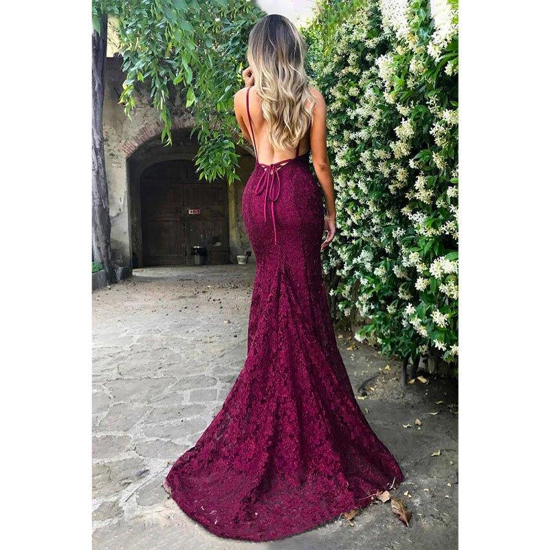 Attractive V-neck Burgundy Lace Mermaid Prom Dress Backless