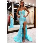 Attractive V-neck Lace Appliques Sequins Prom Dress with Slit