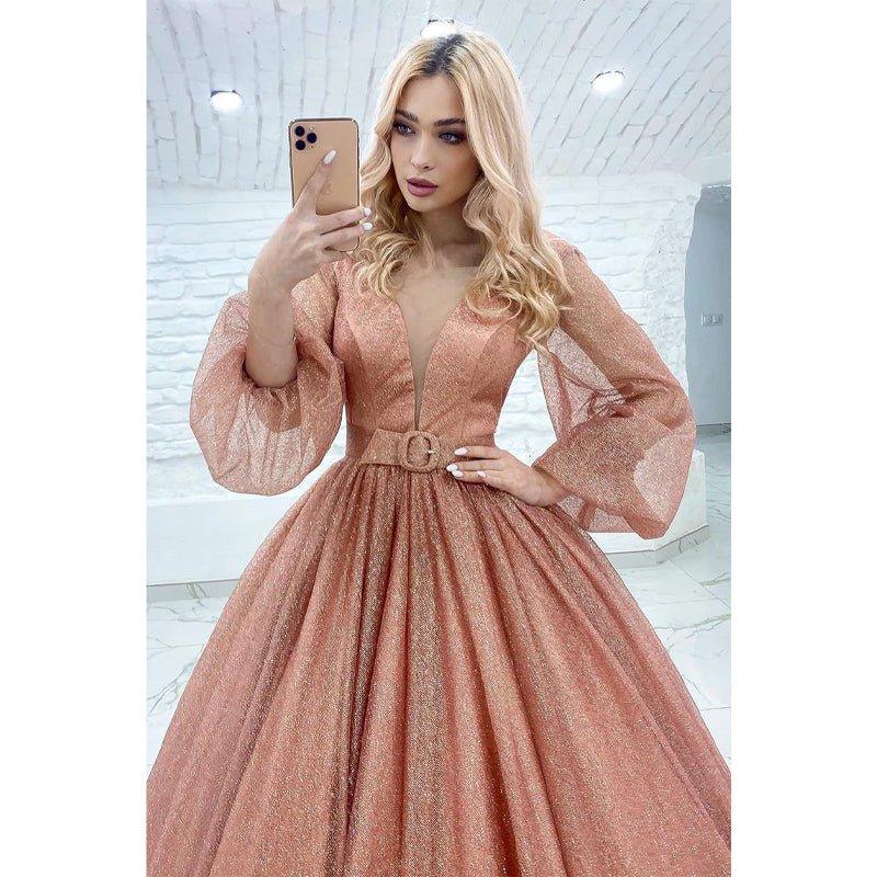 Attractive V-neck Long Sleeves Sparkly Prom Dress with Pockets
