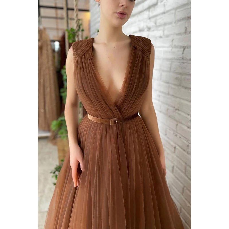 Attractive V-neck Pleats A-line Tulle Long Prom Dress