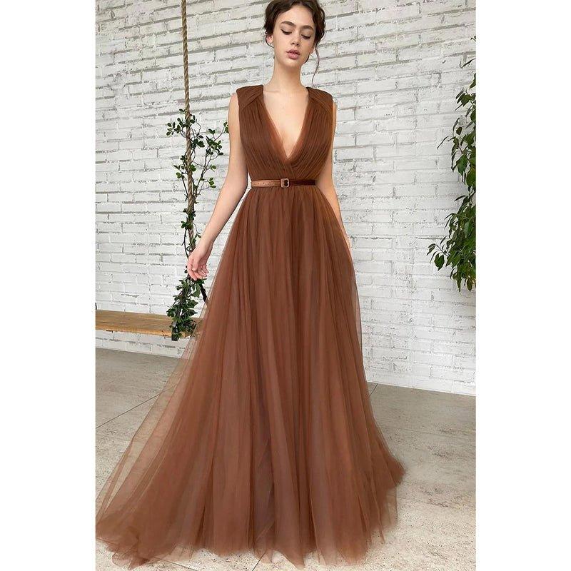 Attractive V-neck Pleats A-line Tulle Long Prom Dress