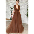 Attractive V-neck Pleats A-line Tulle Long Prom Dress