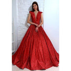 Attractive V-neck Red Sparkly Prom Ball Gown