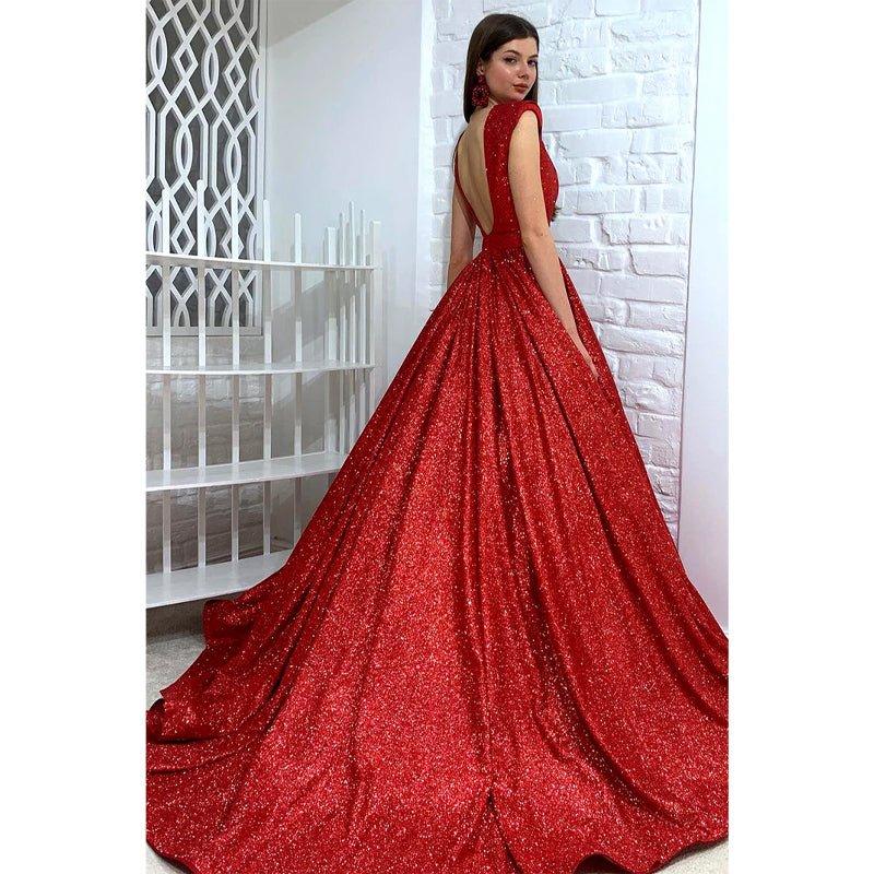 Attractive V-neck Red Sparkly Prom Ball Gown
