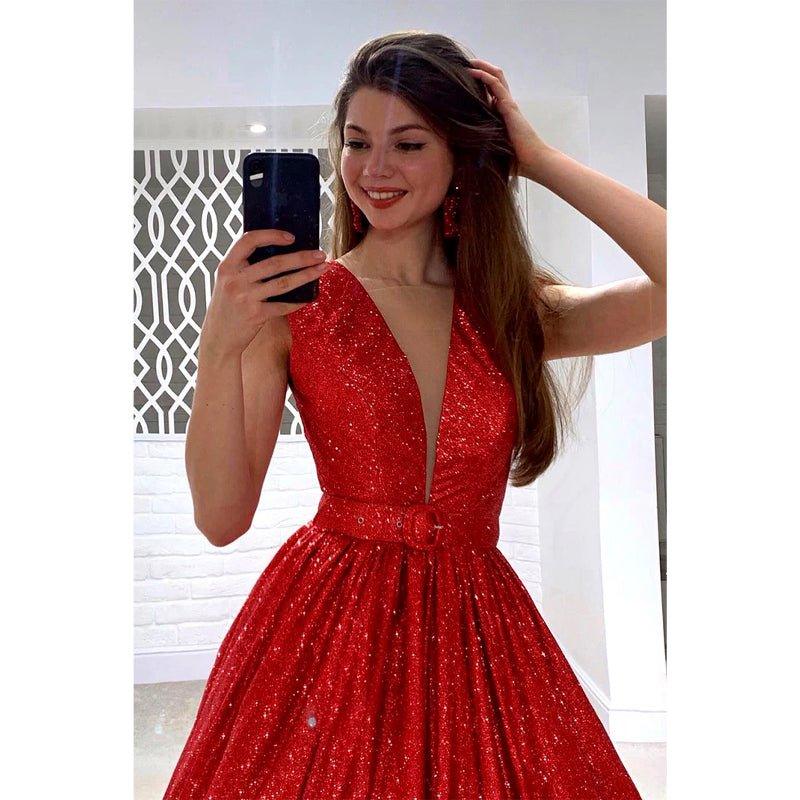 Attractive V-neck Red Sparkly Prom Ball Gown
