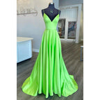 Attractive V-neck Satin Simple Long Prom Dress with Pockets