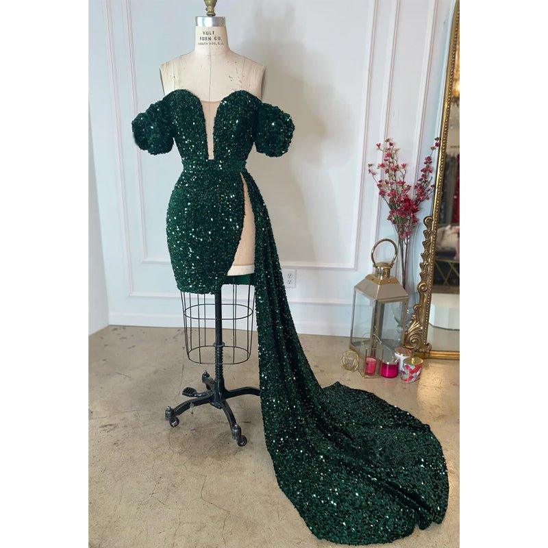 Attractive V-neck Short Sleeves Sequins Sparkly Prom Dress for Black Girls Slay