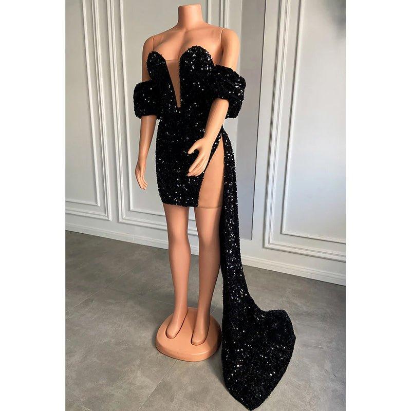 Attractive V-neck Short Sleeves Sequins Sparkly Prom Dress for Black Girls Slay