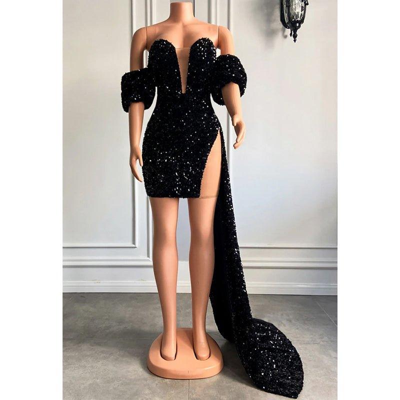Attractive V-neck Short Sleeves Sequins Sparkly Prom Dress for Black Girls Slay
