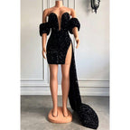 Attractive V-neck Short Sleeves Sequins Sparkly Prom Dress for Black Girls Slay
