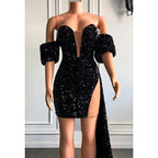 Attractive V-neck Short Sleeves Sequins Sparkly Prom Dress for Black Girls Slay