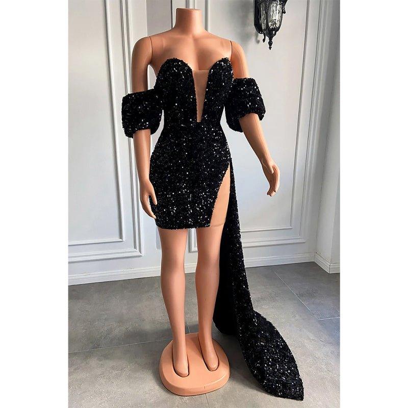 Attractive V-neck Short Sleeves Sequins Sparkly Prom Dress for Black Girls Slay