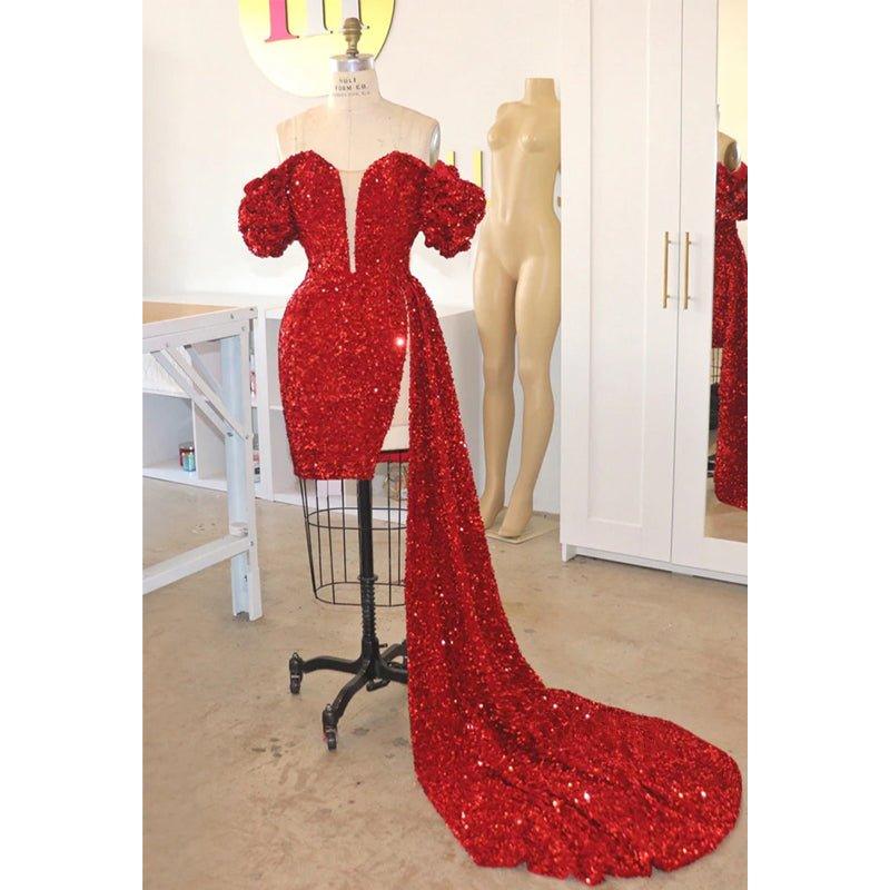 Attractive V-neck Short Sleeves Sequins Sparkly Prom Dress for Black Girls Slay