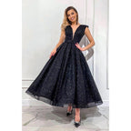 Attractive V-neck Tulle Black Vintage Prom Dress Glitter