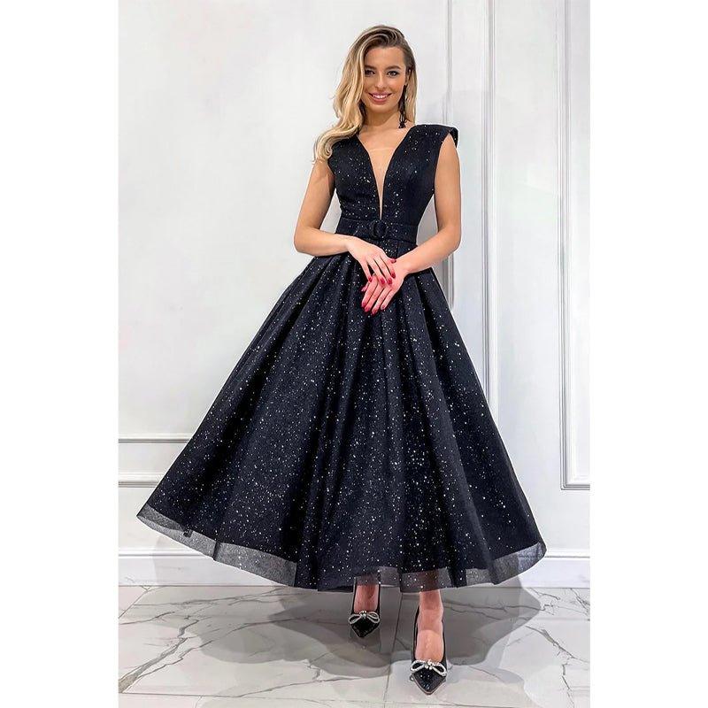 Attractive V-neck Tulle Black Vintage Prom Dress Glitter