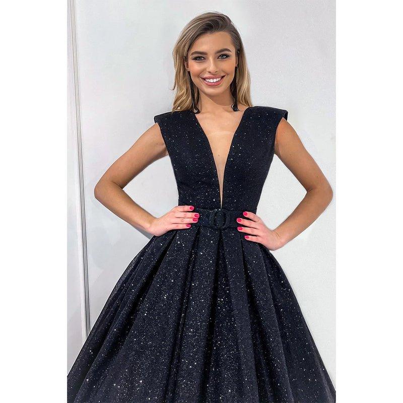 Attractive V-neck Tulle Black Vintage Prom Dress Glitter