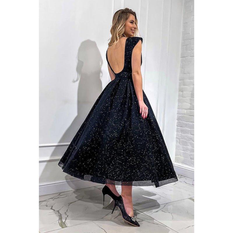 Attractive V-neck Tulle Black Vintage Prom Dress Glitter