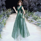 Autumn Winter Temperament Sexy Green Evening Dress for Women