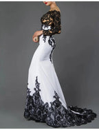 Mermaid Black Dress Plus Size Color Block Formal Evening Dress Off Shoulder Long Sleeve Sweep / Brush Train Polyester with Lace Insert