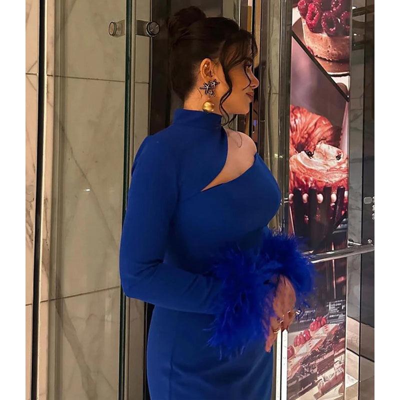 Sheath High Neck Long Sleeves Feather Royal Blue Prom Evening Dress